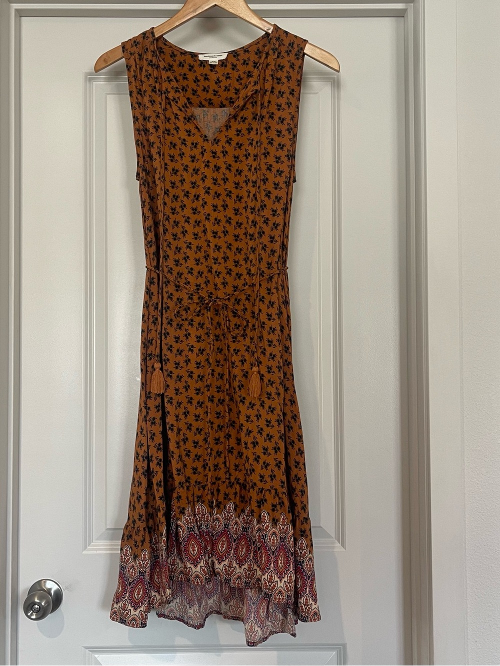 beachlunchlounge Rust Floral Border Midi Dress with Waist Tie